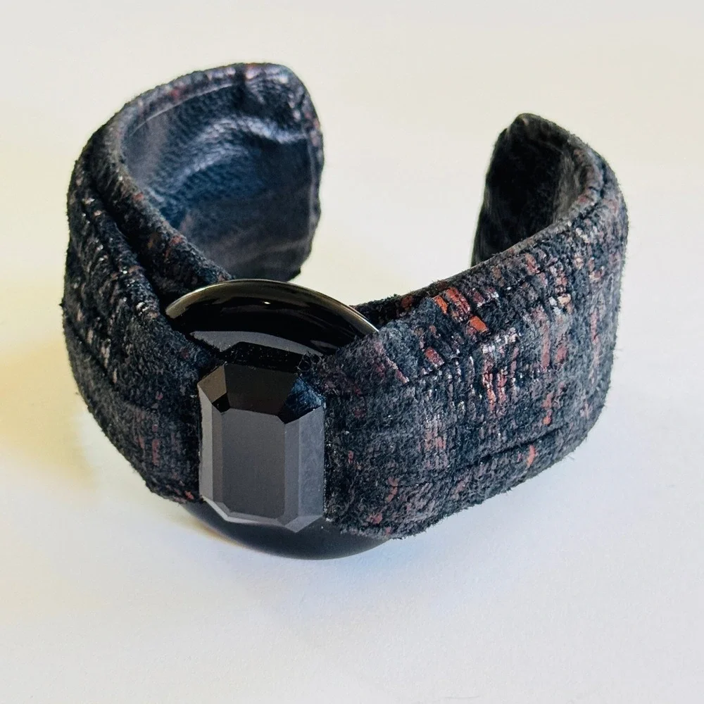 VTG‎ Couture 80s Chunky Jet crystal cuff bracelet statement glass black Jeweled